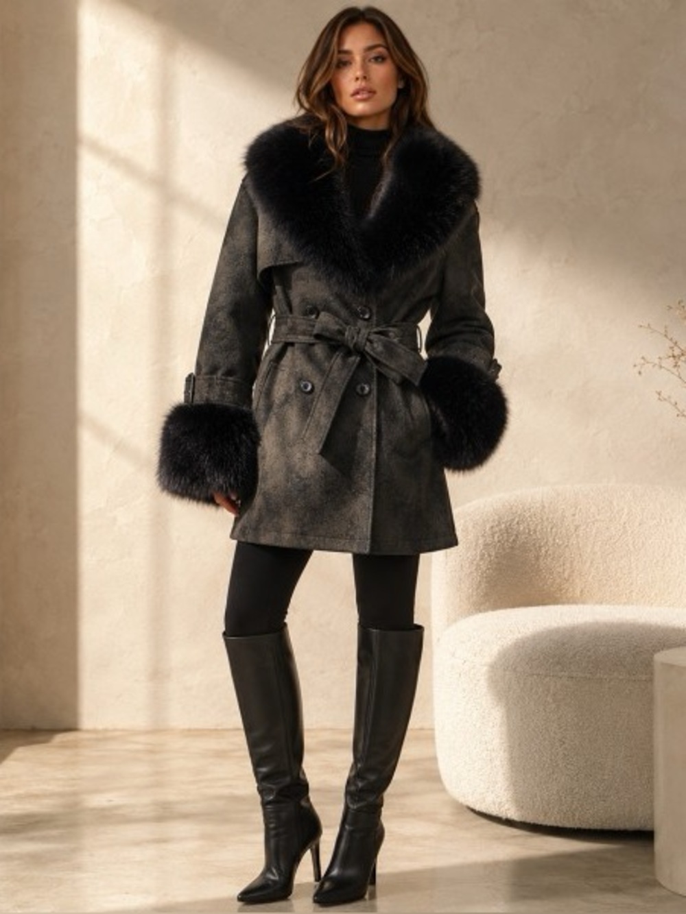 Badgley Mischka detachable nubuck faux fur western puffer zip pocket jacket coat